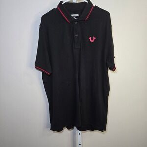 True Religion Mens Black Red Buddha Horseshoe Logo Graphic Polo Shirt XL